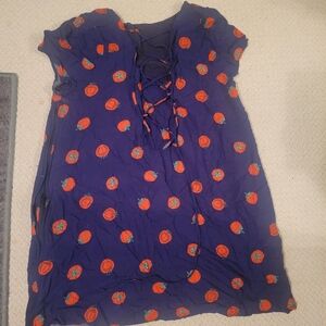 Navy Blue Lace-Up Back Dress with Red Orange Tomato Print